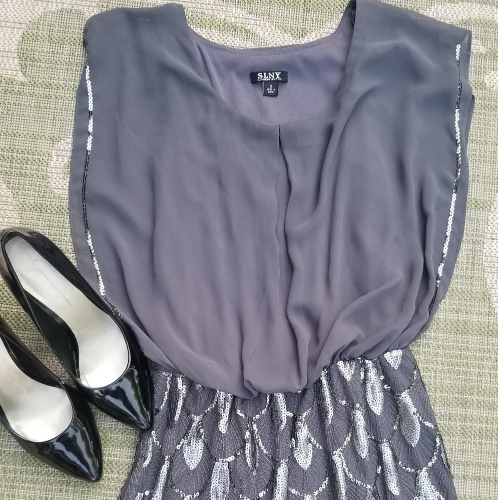 SLNY Charcoal Evening Dress